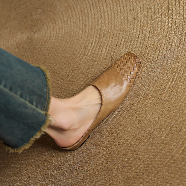 Woven Square Toe Flat Mules