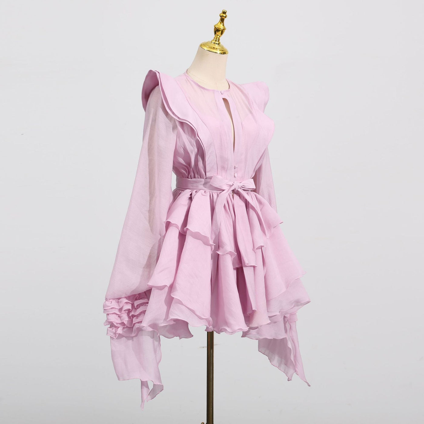 Chiffon Long Sleeve Tiered Ruffle Belted Mini Dress 3
