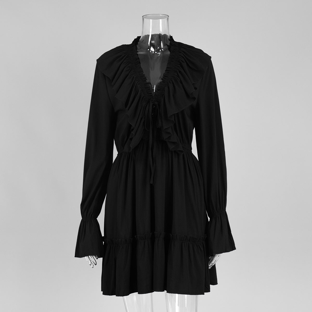 Deep V-Neck Long Sleeve Ruffle Tiered Mini Dress 7