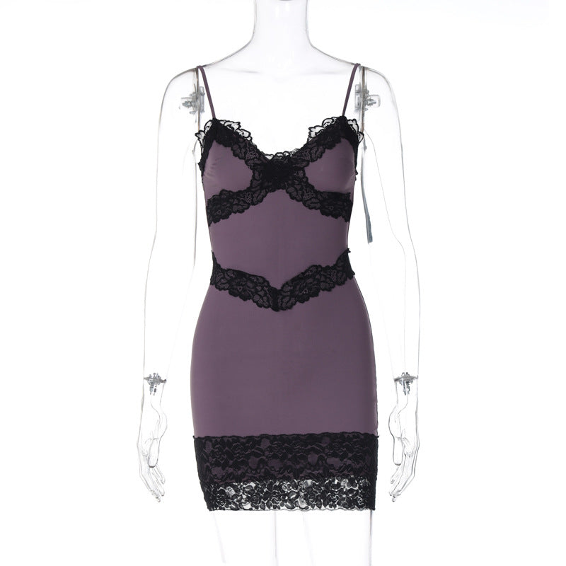 V-Neck Contrast Lace Trim Spaghetti Strap Bodycon Mini Dress 5