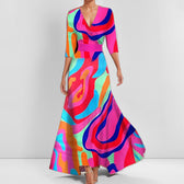 Abstract Print Deep V-Neck Wrap Maxi Dress 6