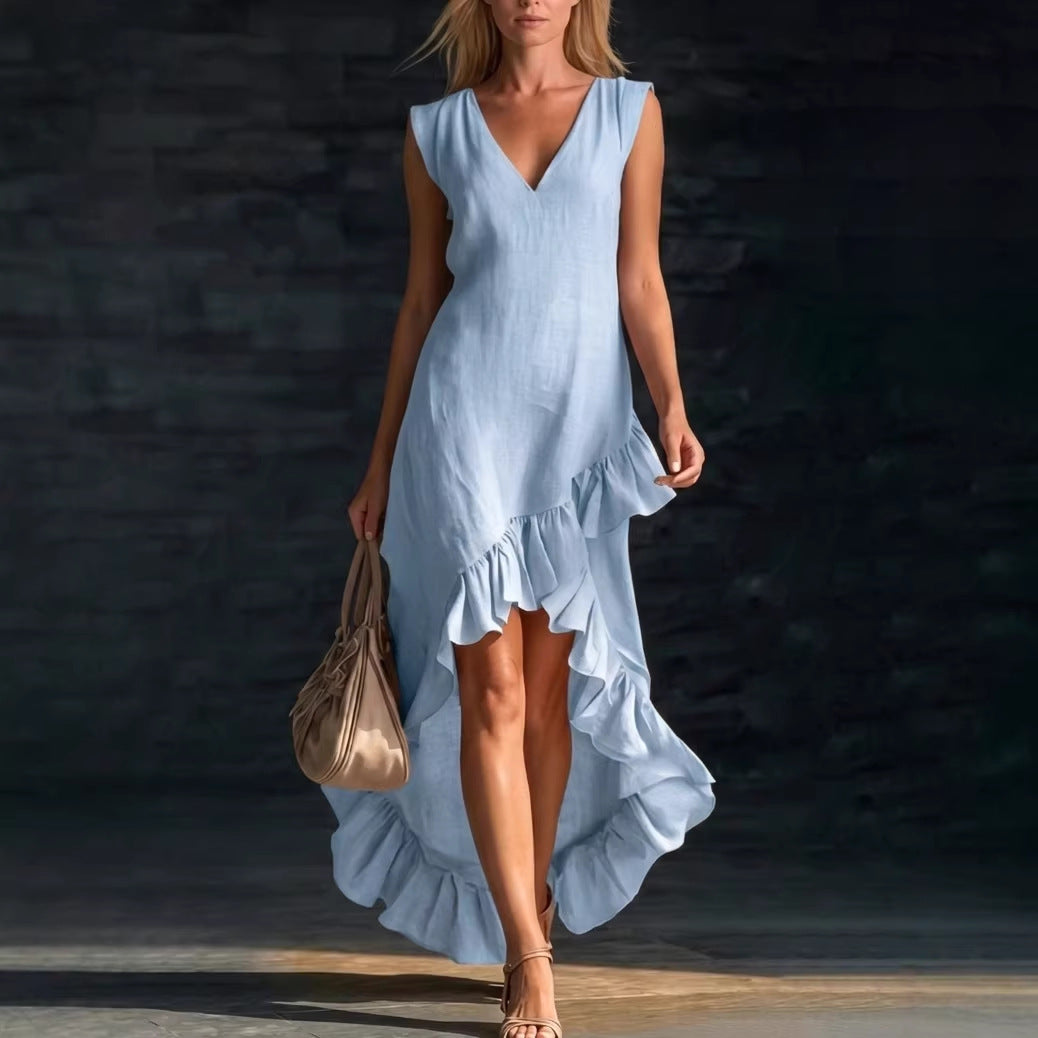 V-Neck Sleeveless Ruffle High Low Maxi Dress 3