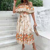 Off Shoulder Floral Ruffle Tiered Belted Maxi Dress 16