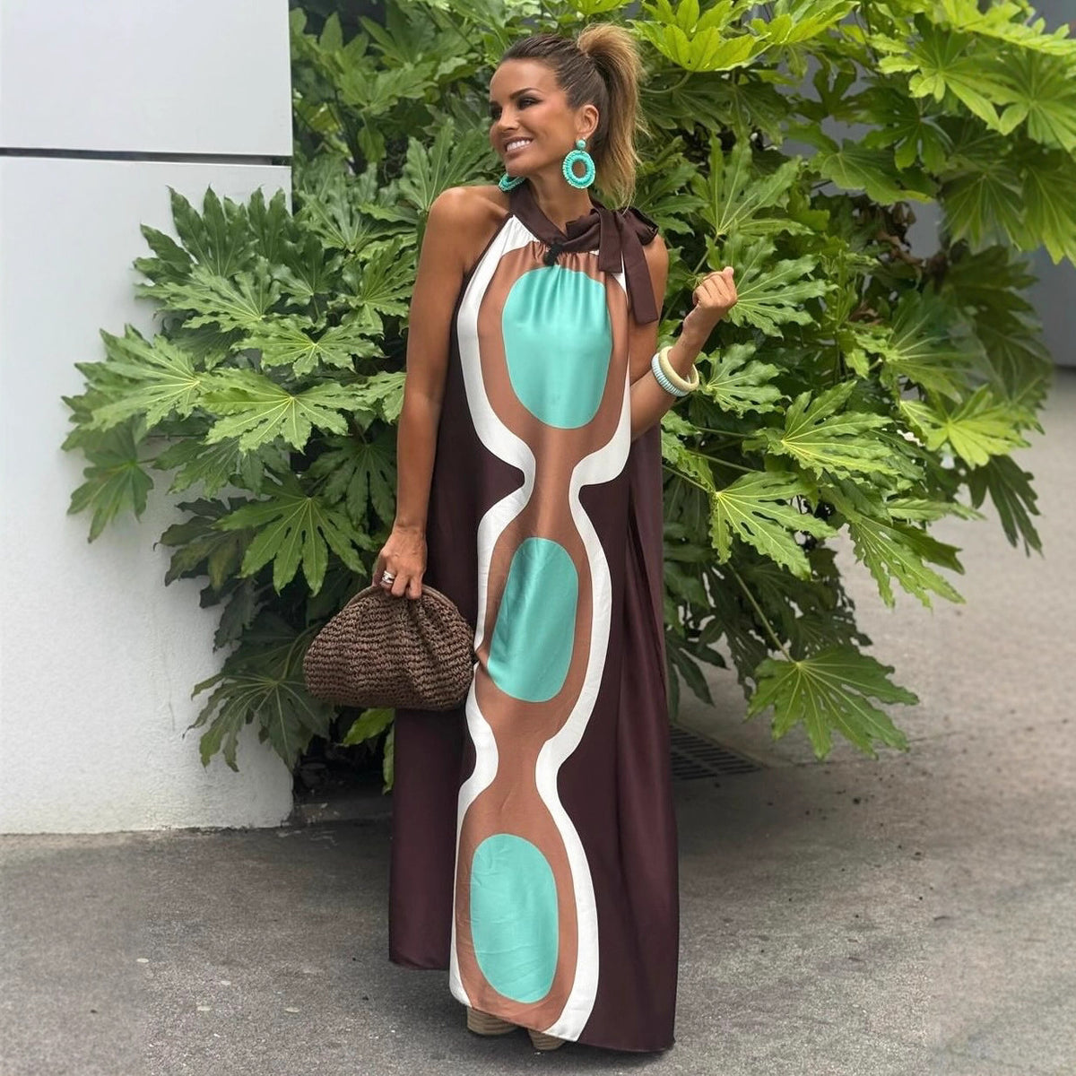Summer Positioning Printing Halter Lace up A Swing Vacation Dress