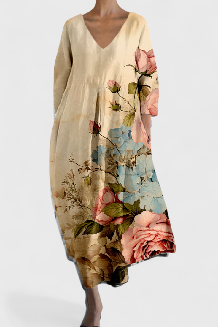 Abstract Print V-Neck Three Quarter Sleeve Oversized Maxi Dress