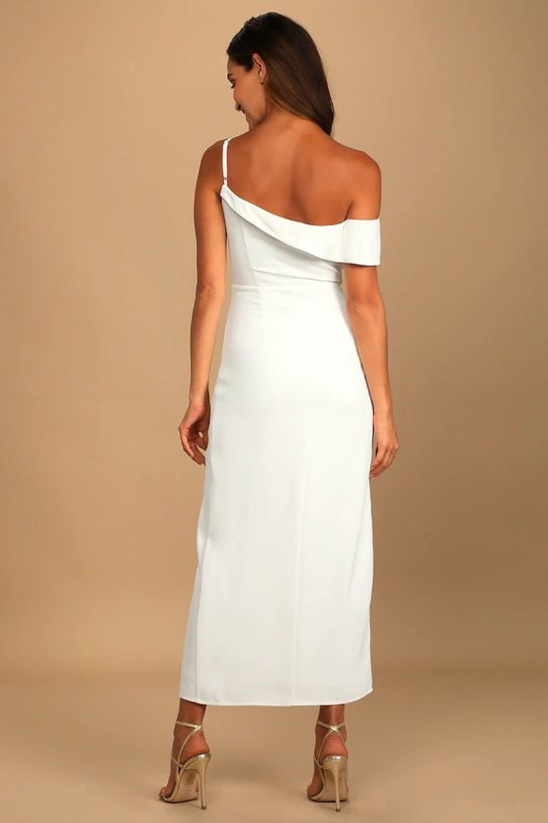 Women Clothing Party Evening Dress Cross-Shoulder Bag Hip off-Shoulder Irregular Asymmetric Slit Dress