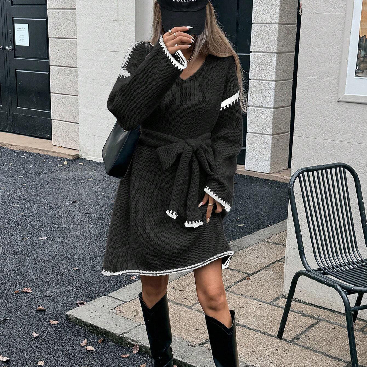 V-Neck Long Sleeve Tie Waist Contrast Stitch Knit Sweater Dress 2
