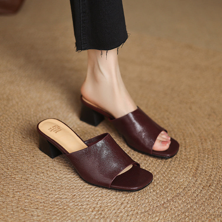 Square Open Toe Block Heel Slide Mules