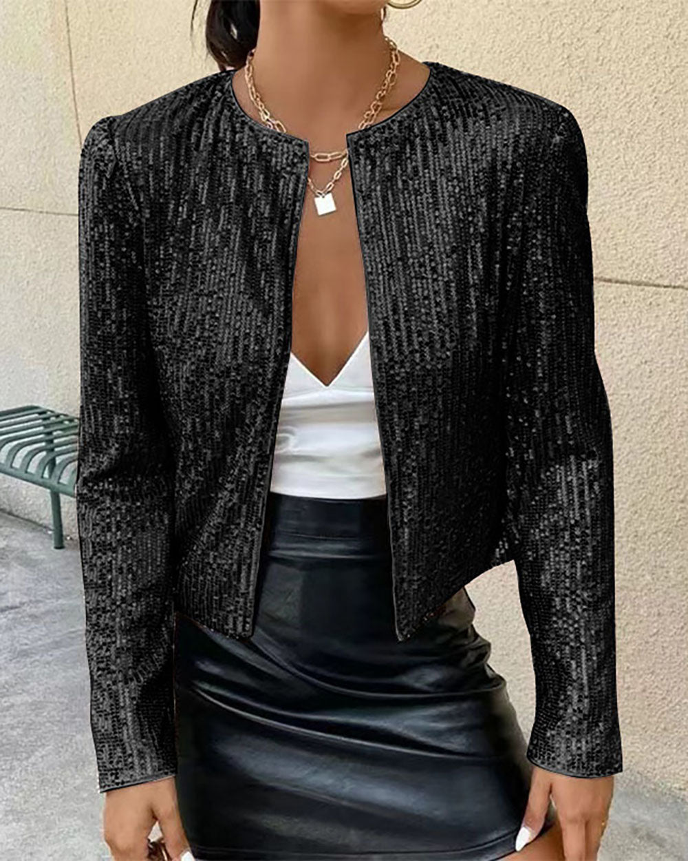 Smart sequined stand-up collar short coat