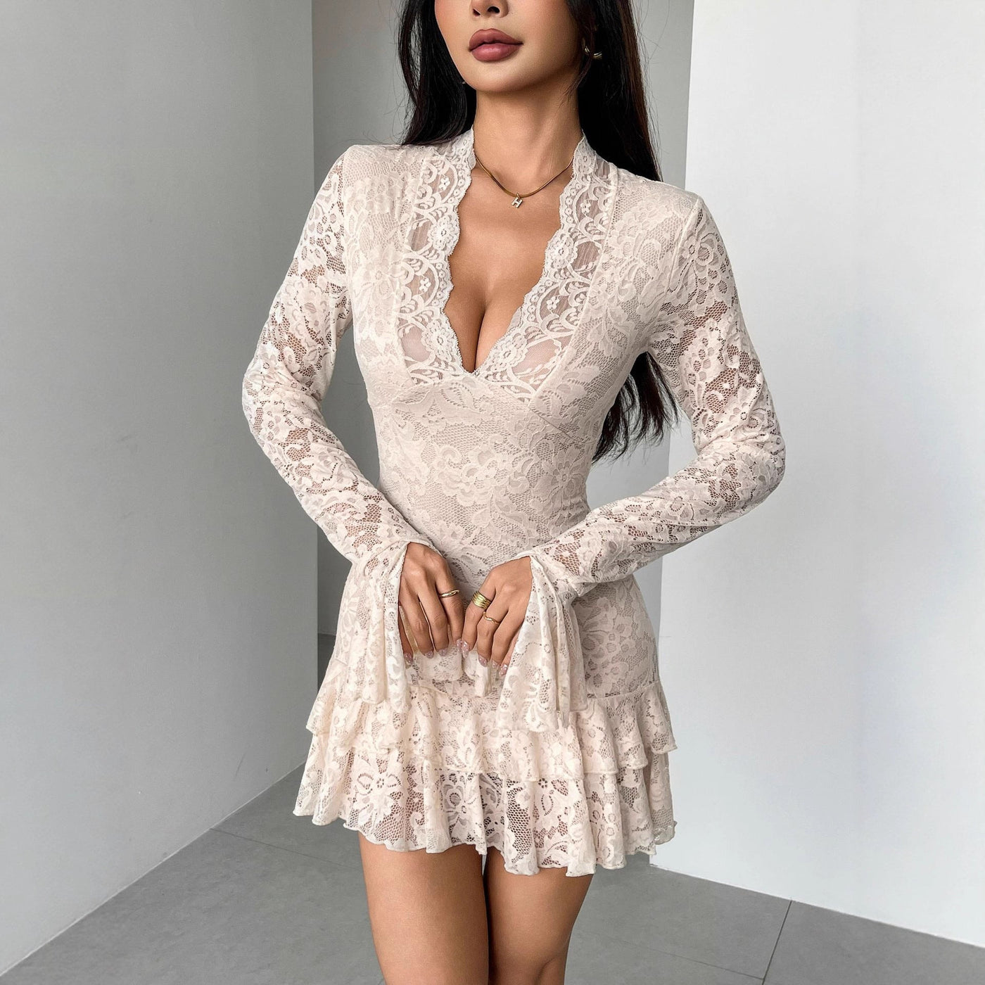 Autumn Winter Lace V neck Double Layer Ruffled Slim Fit Sheath Dress 4