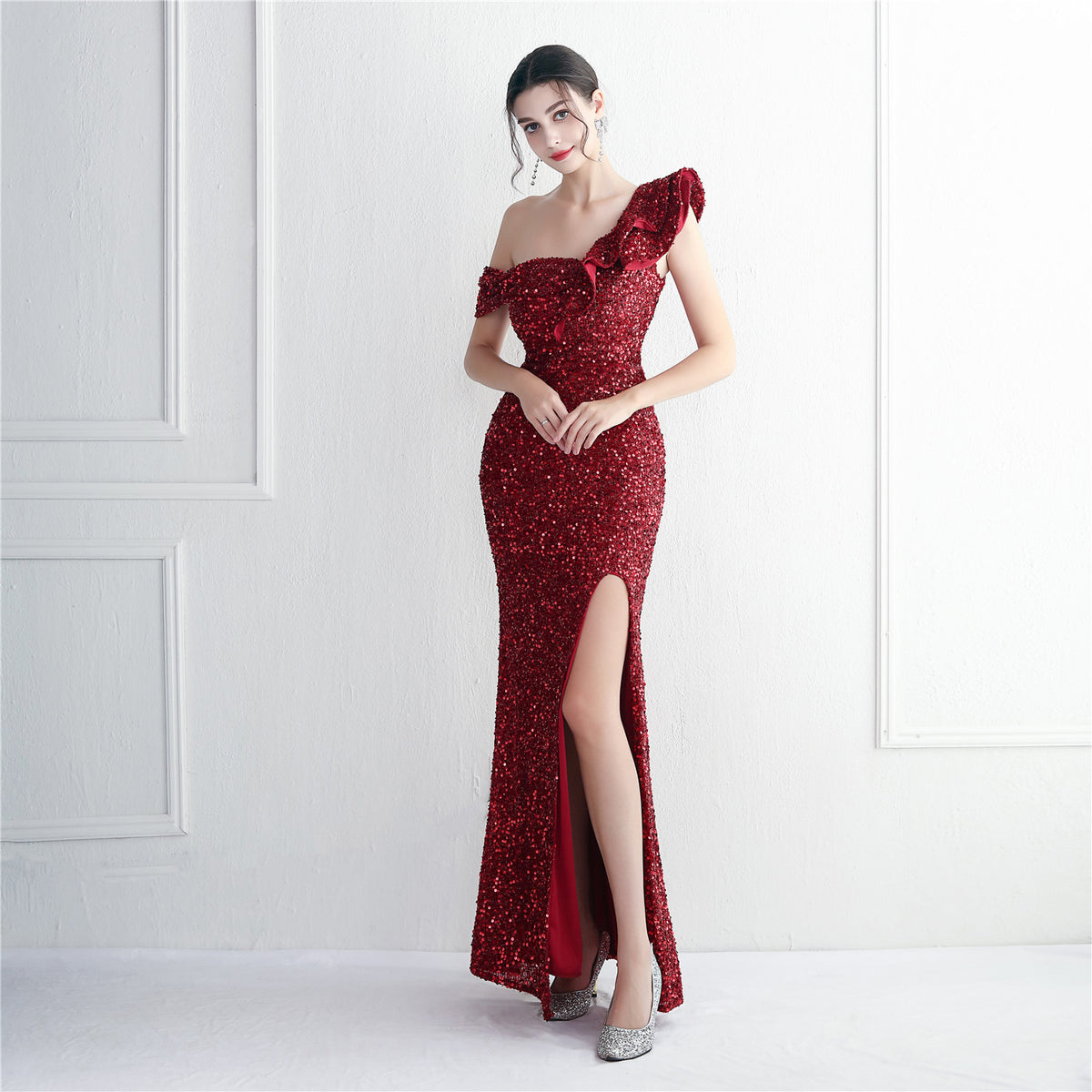 Sequin One Shoulder Ruffle Trim High Split Mermaid Evening Gown 4