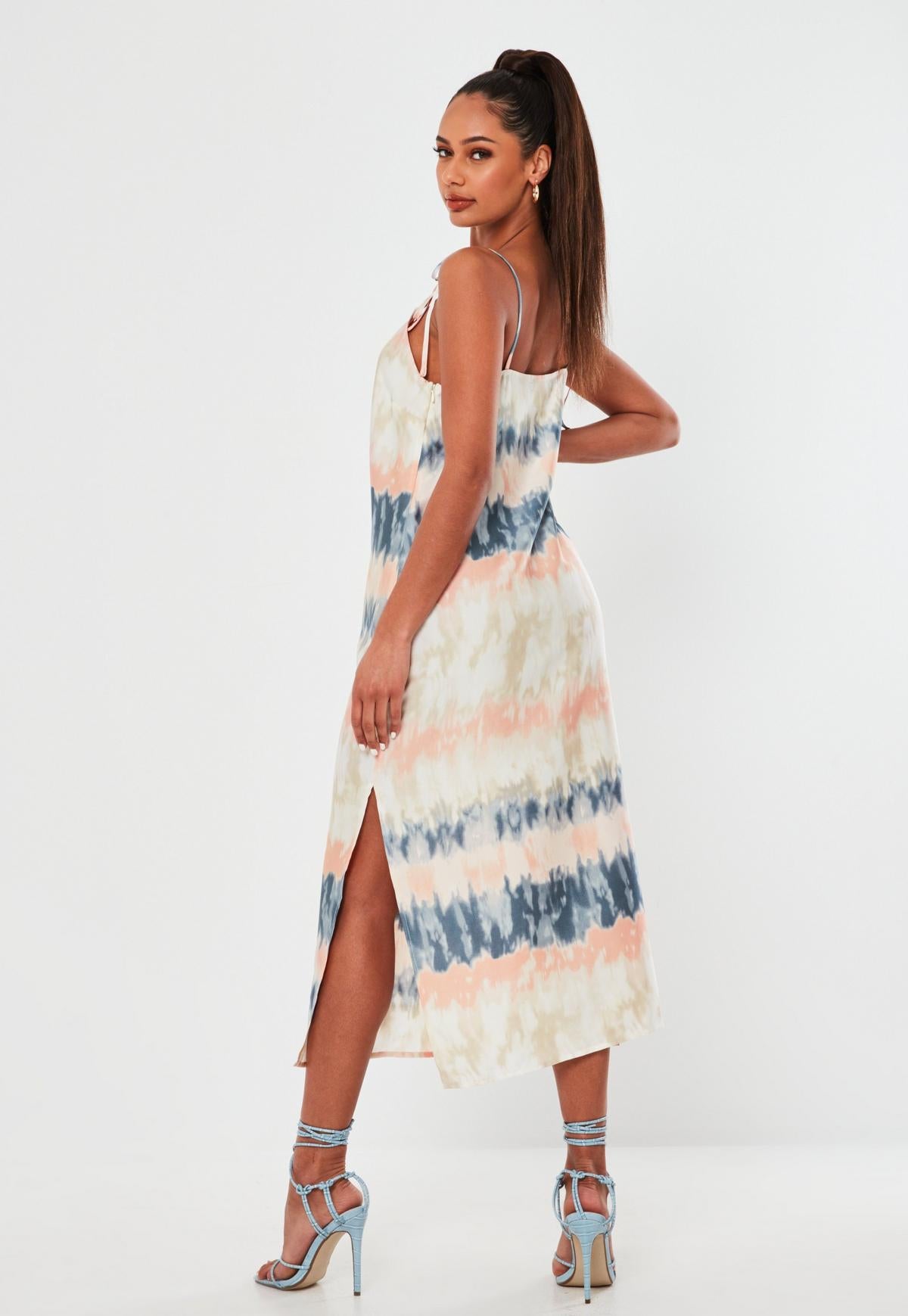 Tie Dye Striped Tie Shoulder Cami Side Split Midi Dress 3
