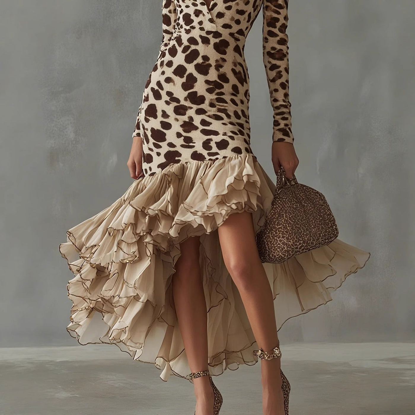 Leopard Deep V-Neck Long Sleeve Ruffle High Low Bodycon Dress 2