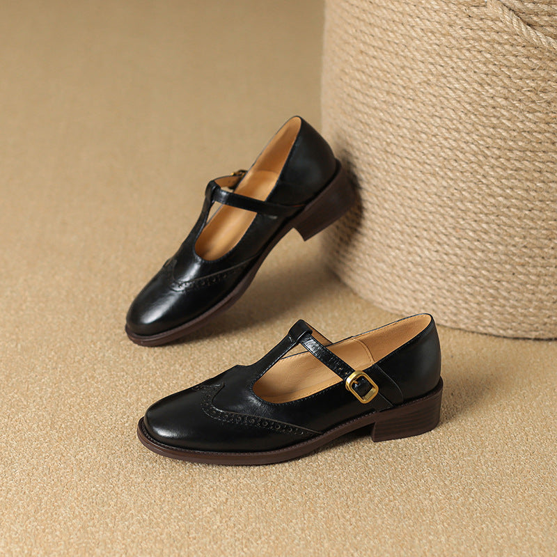 Round Toe T-Strap Buckle Block Heel Mary Jane Pumps