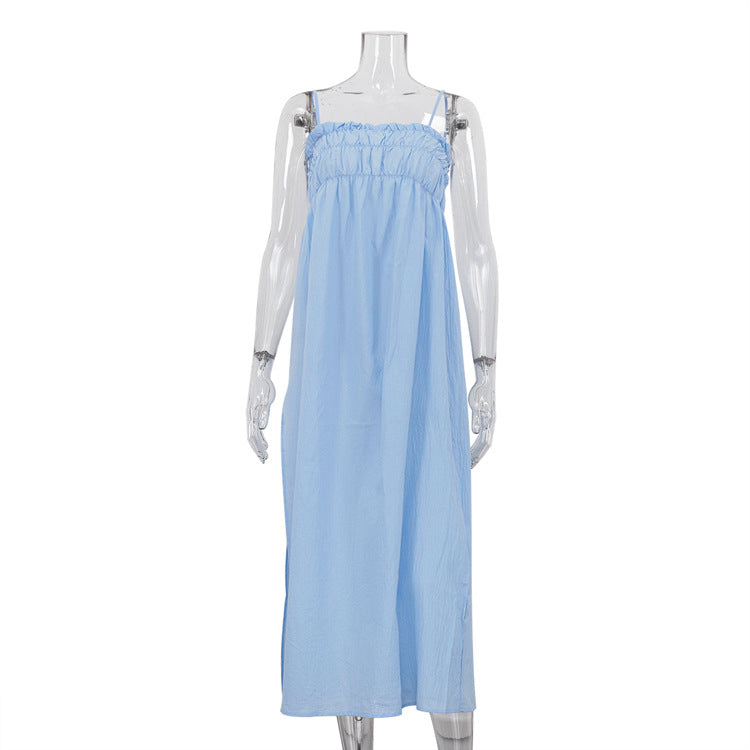 Shirred Square Neck Spaghetti Strap High Split Flowy Maxi Dress 2