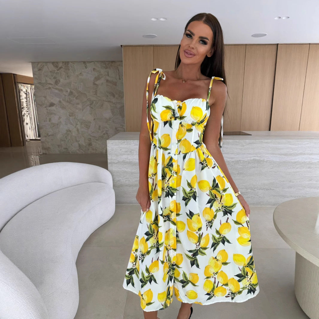 Women Clothing Summer Comes with Chest Pad Spaghetti Strap Floral Print Waist Tight Single Breasted Dress