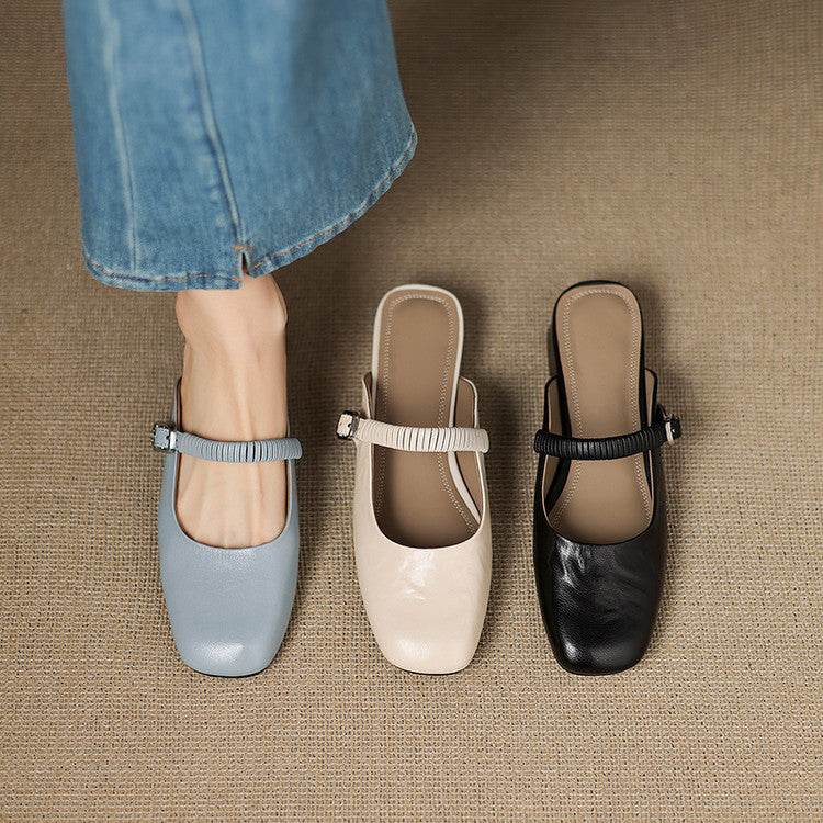 Square Toe Buckle Strap Mary Jane Mules