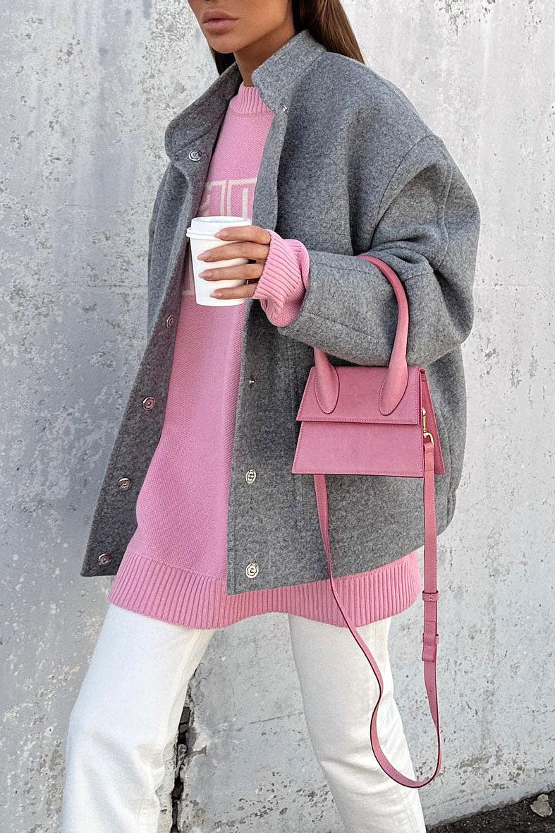 Gray Stand Collar Oversized Wool Coat