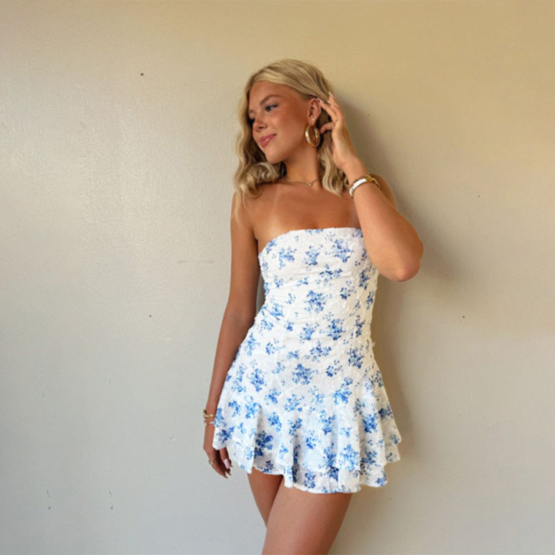 Floral Print Strapless Tube Drop Waist Ruffle Hem Mini Dress
