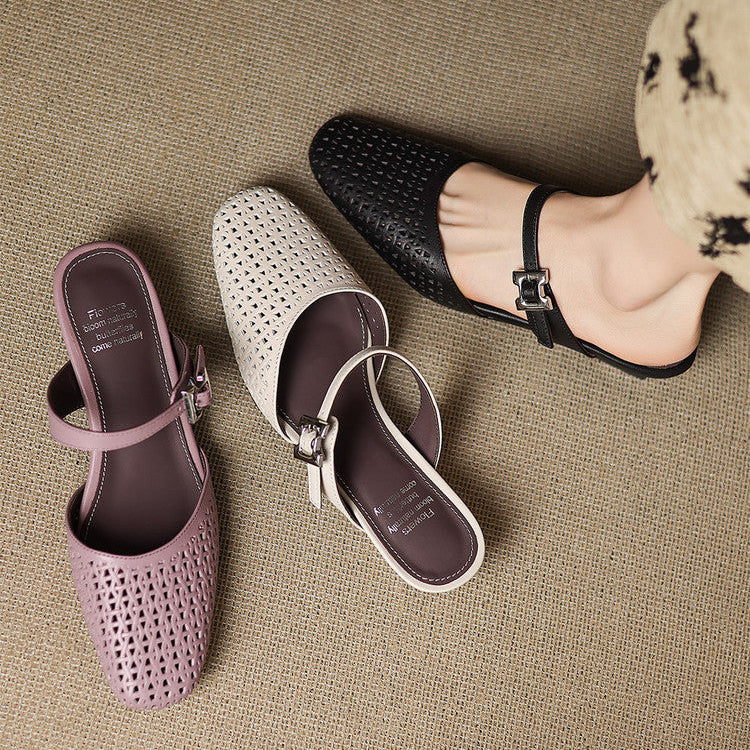 Square Toe Cut Out Buckle Block Heel Mules
