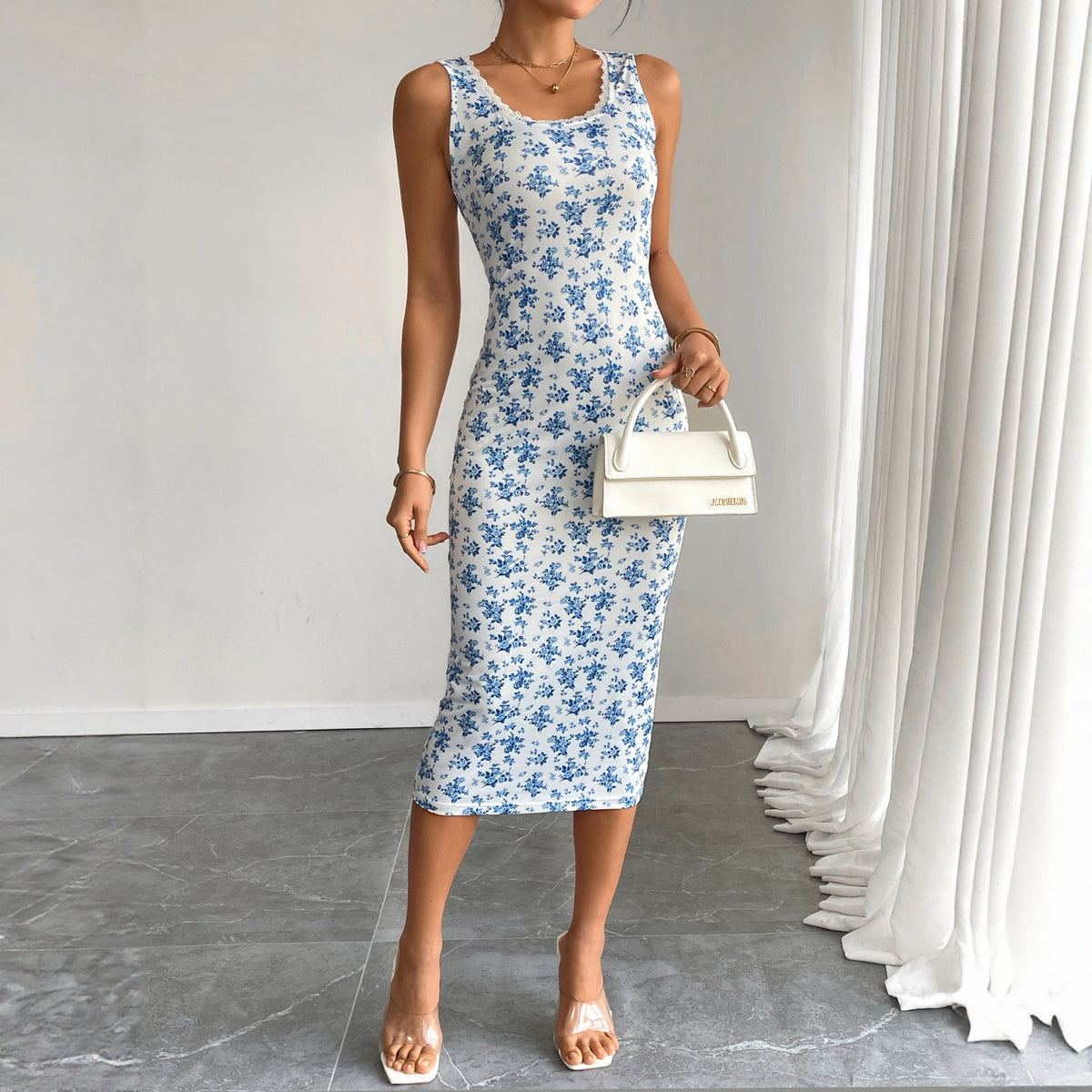 Floral Print Lace Trim Scoop Neck Sleeveless Bodycon Midi Dress