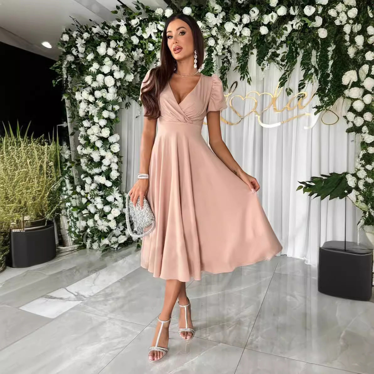 Women Clothing Sexy V neck Solid Color Short Sleeve Medium Group Dress