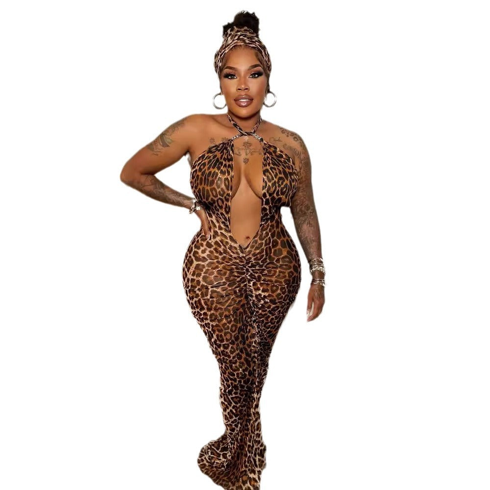 Leopard Print Cross Halter Plunge Cut Out Ruched Bodycon Maxi Dress 4