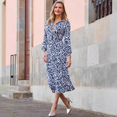 Abstract Print Long Sleeve Twist Front Midi Dress