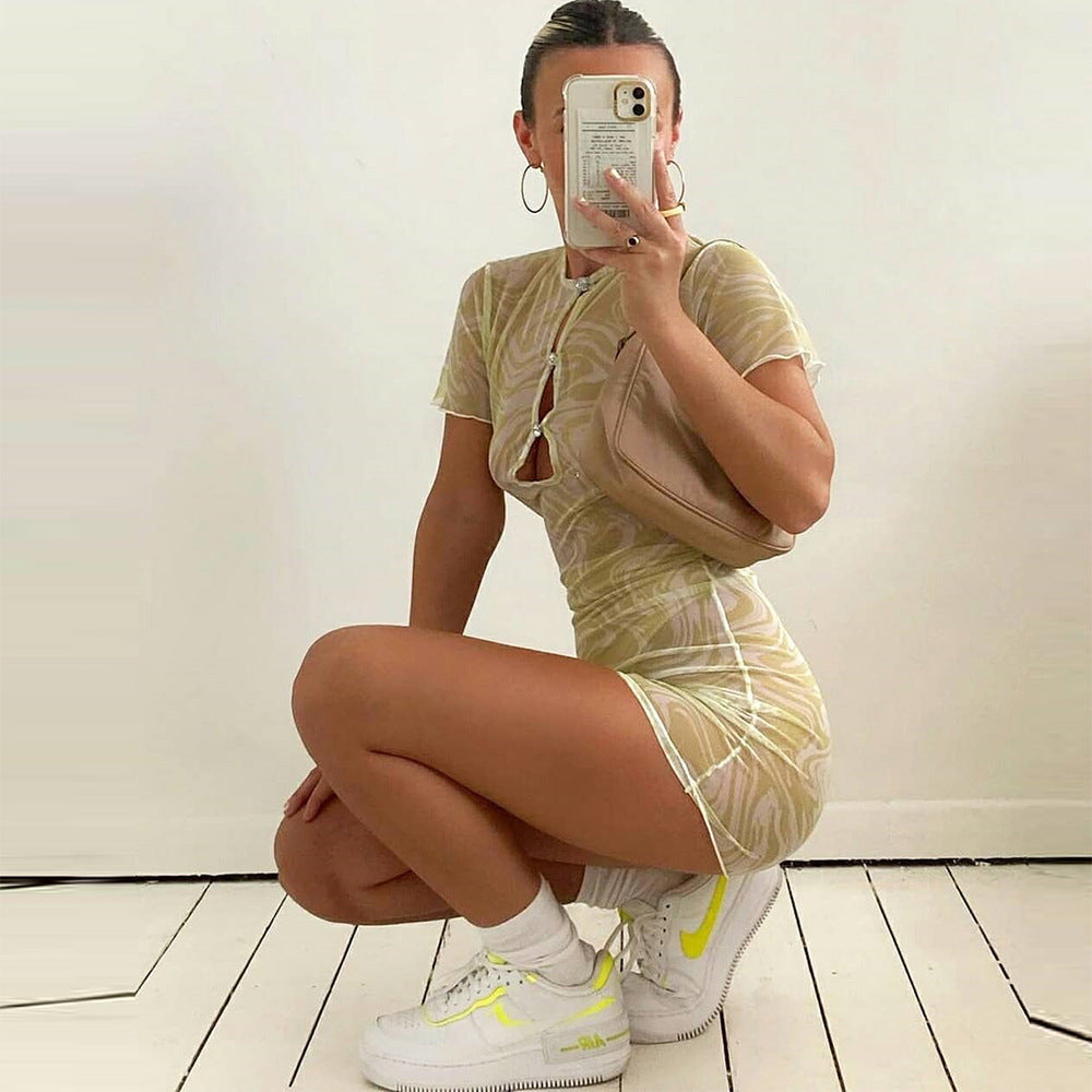 Spring Summer New Sexy Hollow Out Cutout Clinch See-through Dress Women