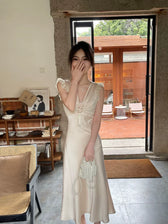 Deep V-Neck Lace Trim Rosette Satin Dress 3