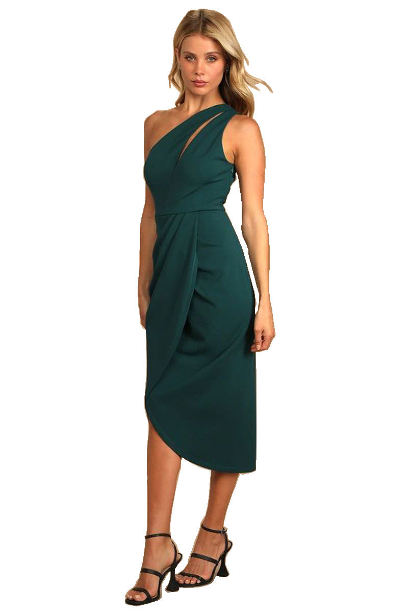 Women Clothes Hip Oblique Shoulder Hollow Out Cutout Pleated Sexy Slit Christmas Dress