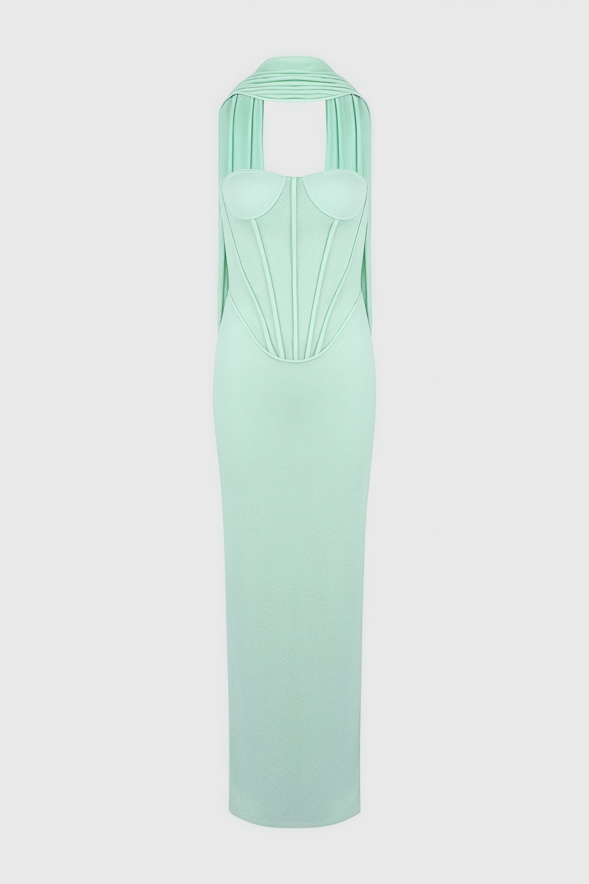 Strapless Sheer Corset Bodice Column Maxi Dress with Draped Neck Scarf 4