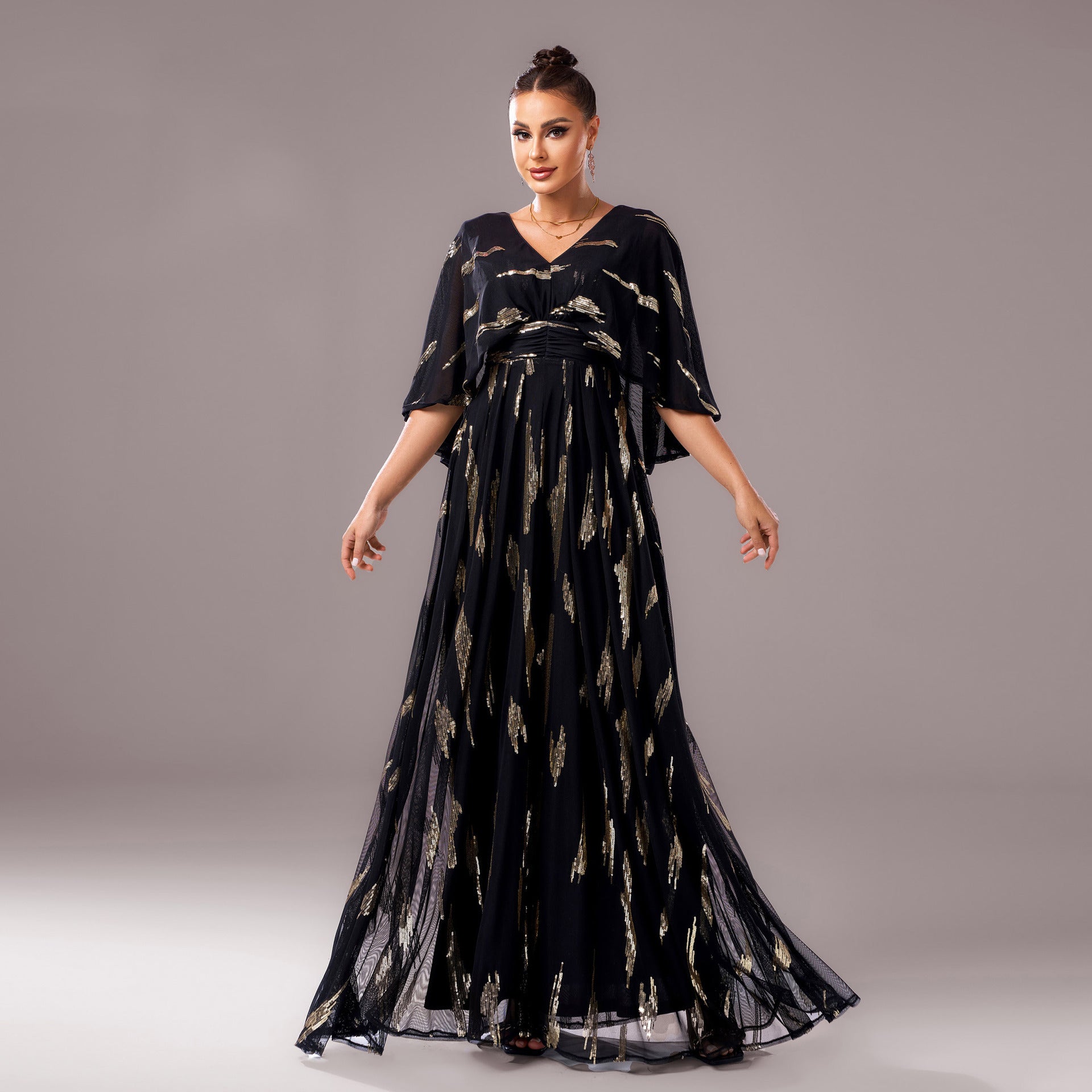 Elegant V neck Half Sleeves Long Sequined Cocktail Sheath Evening Dress Bridesmaid Dress Women