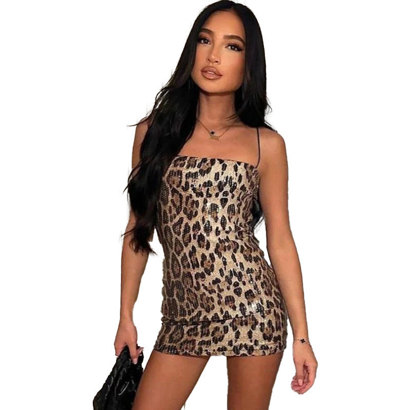 Sexy Leopard Strap Tight Dress Women Nightclub All Match Sequin Women Clothing