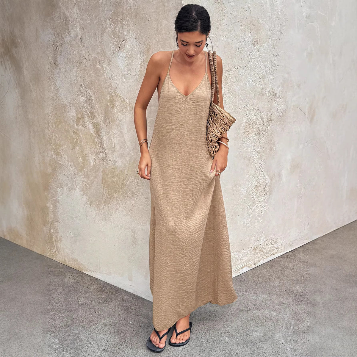 Casual Solid Color V neck Backless Sexy Sleeveless Strap Elegant Dress