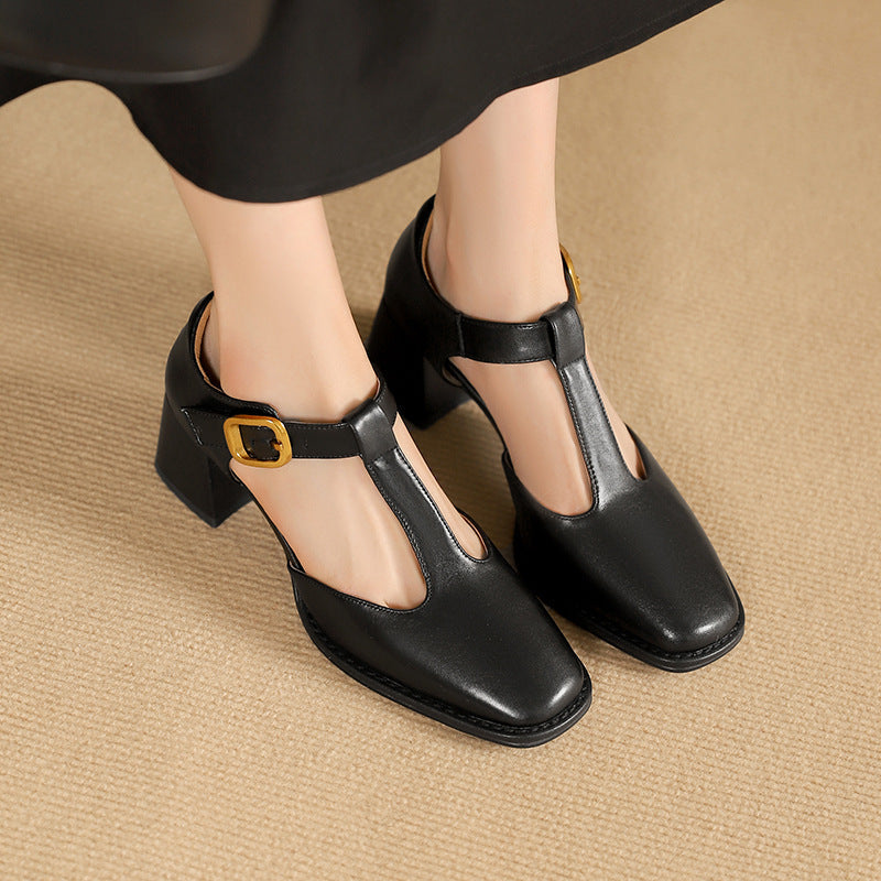 T-Strap Square Toe Block Heel Mary Jane Pumps