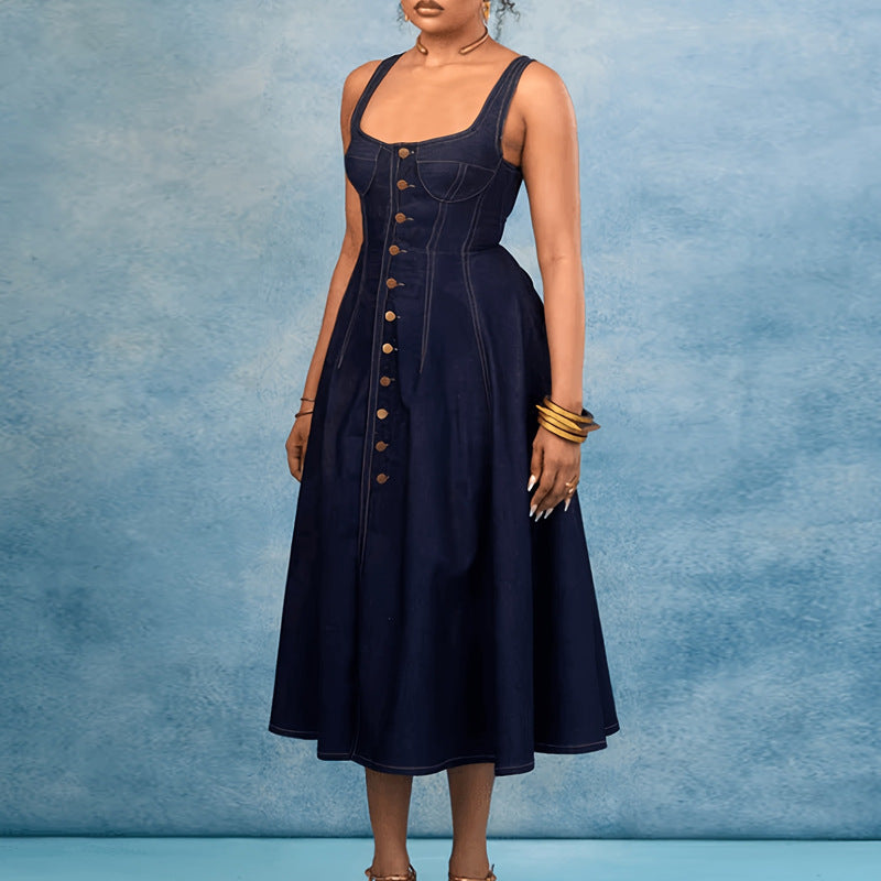 Women Denim Square Neckline Breasted Dress