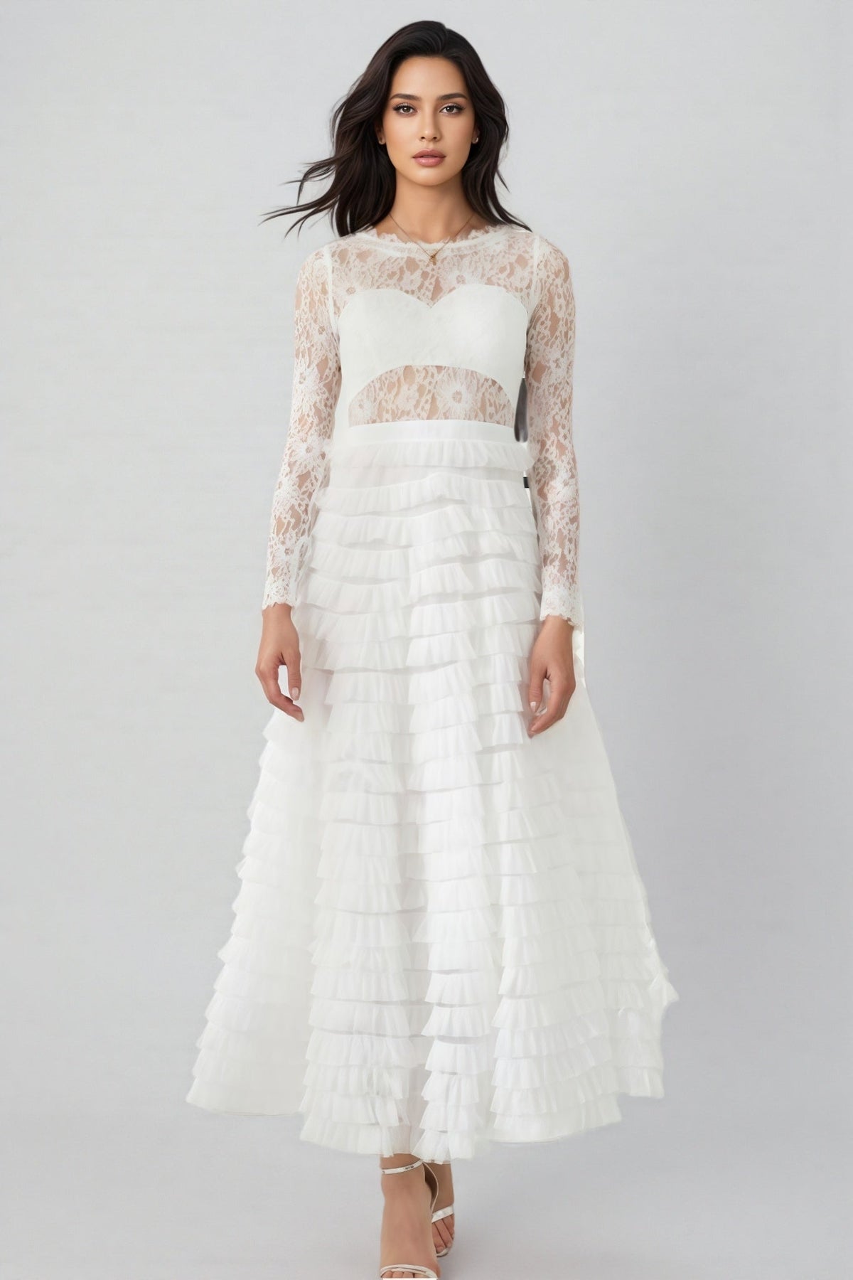 Sheer Lace Long Sleeve Tiered Ruffle Tulle A-Line Midi Dress 2