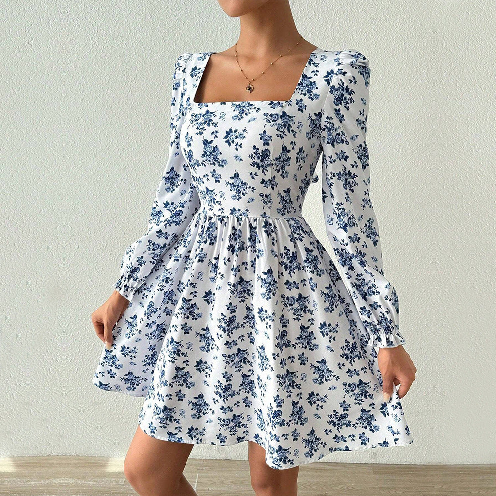Floral Square Neck Long Puff Sleeve Fit and Flare Mini Dress 3