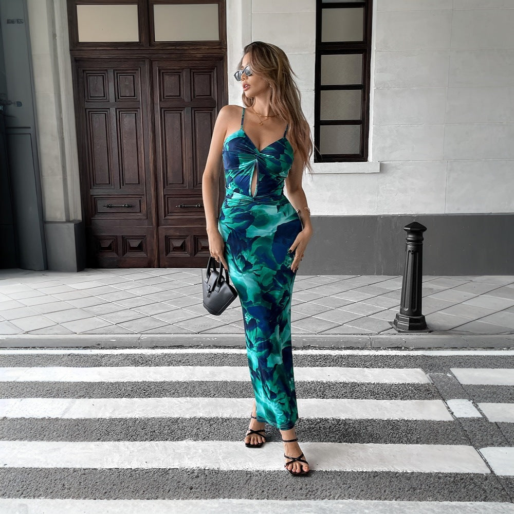 Abstract Print Twist Front Cut Out Cami Bodycon Maxi Dress