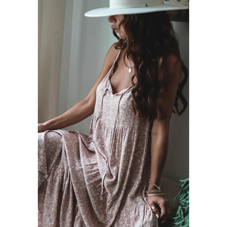 Floral Print V-Neck Tie Front Spaghetti Strap Tiered Maxi Dress