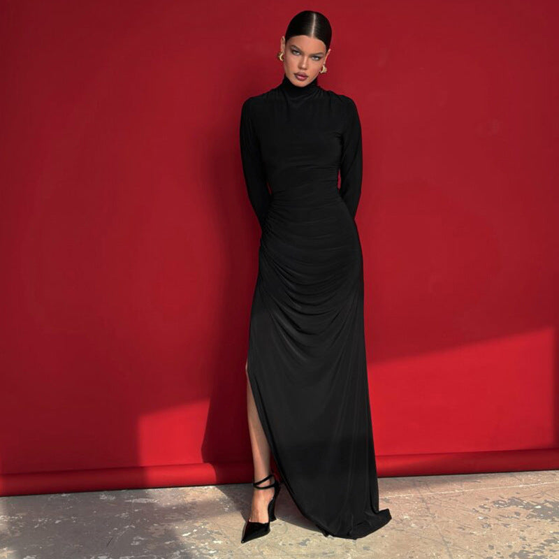 High Collar Slim Fit Long Sleeves High Slit Graceful Maxi Dress