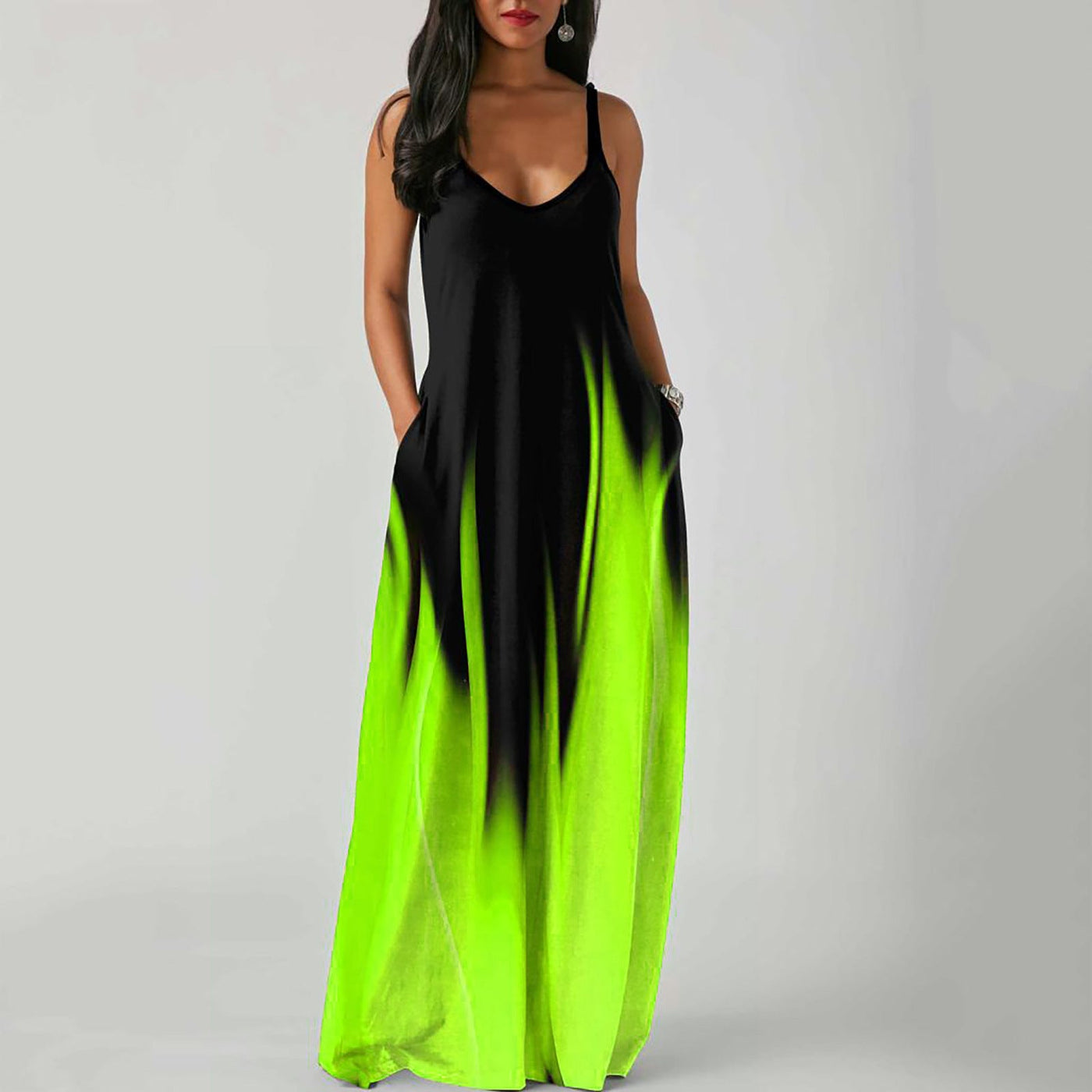 V-Neck Spaghetti Strap Ombre Pocket Loose Maxi Dress 10