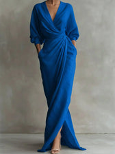Deep V-Neck Long Sleeve Wrap Ruched High Split Maxi Dress 12