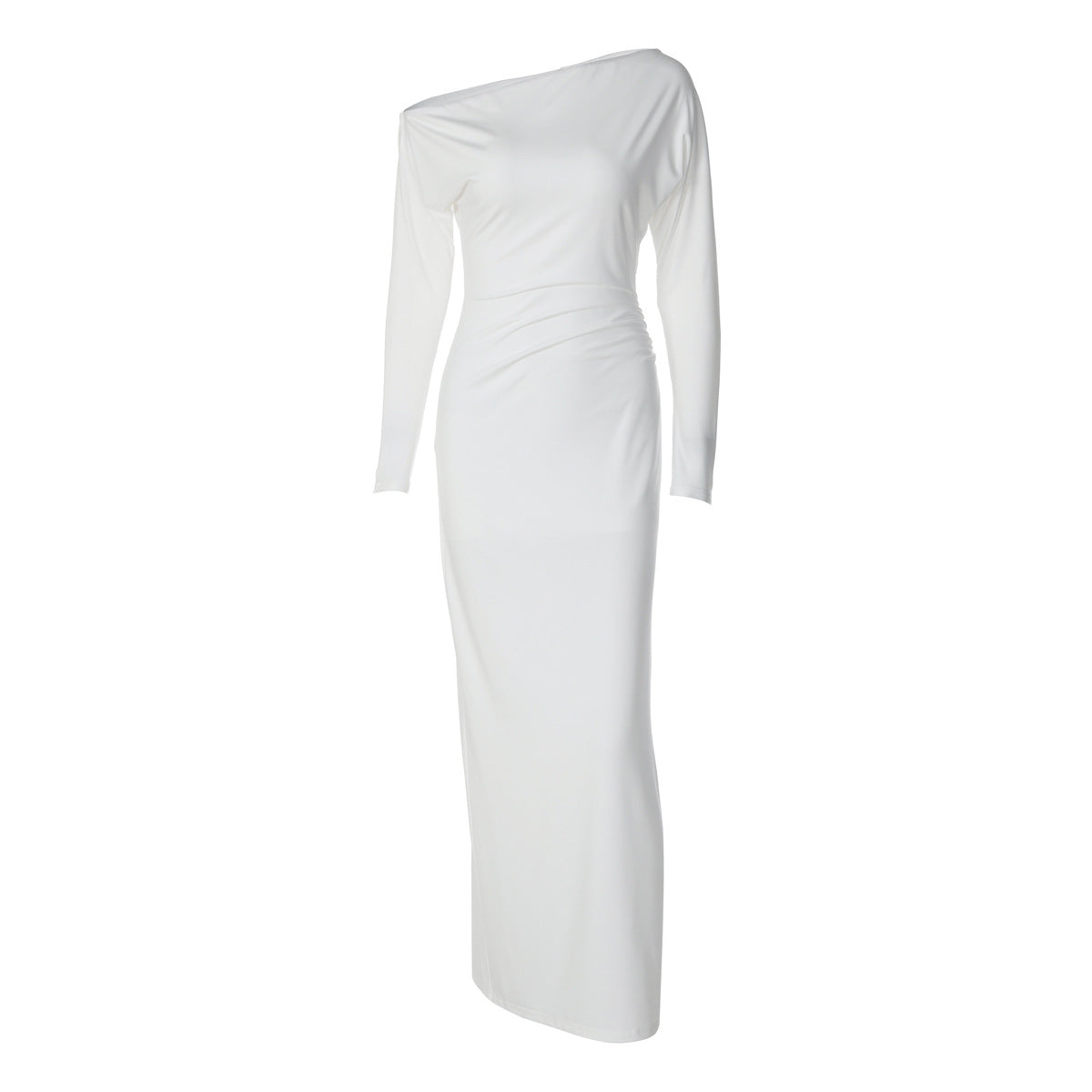 Women Clothing Solid Color Diagonal Collar Long Sleeve Slim Fit Slit Dress