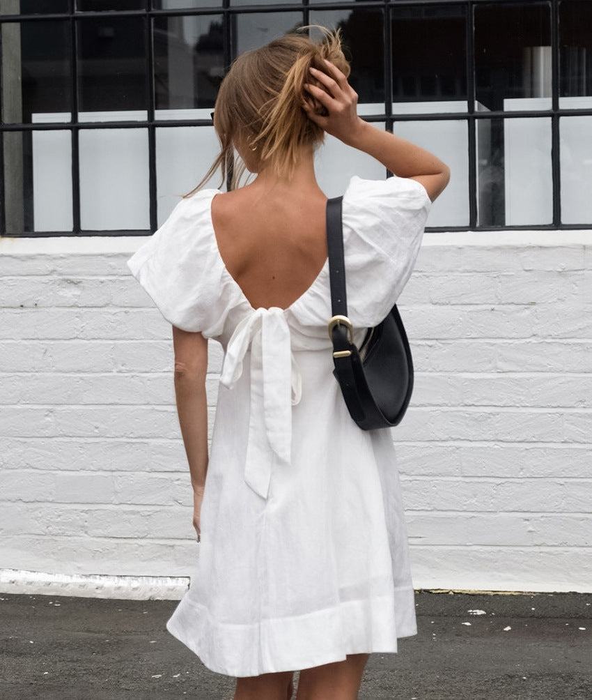 V-Neck Puff Sleeve Ruched Mini Dress Summer 6