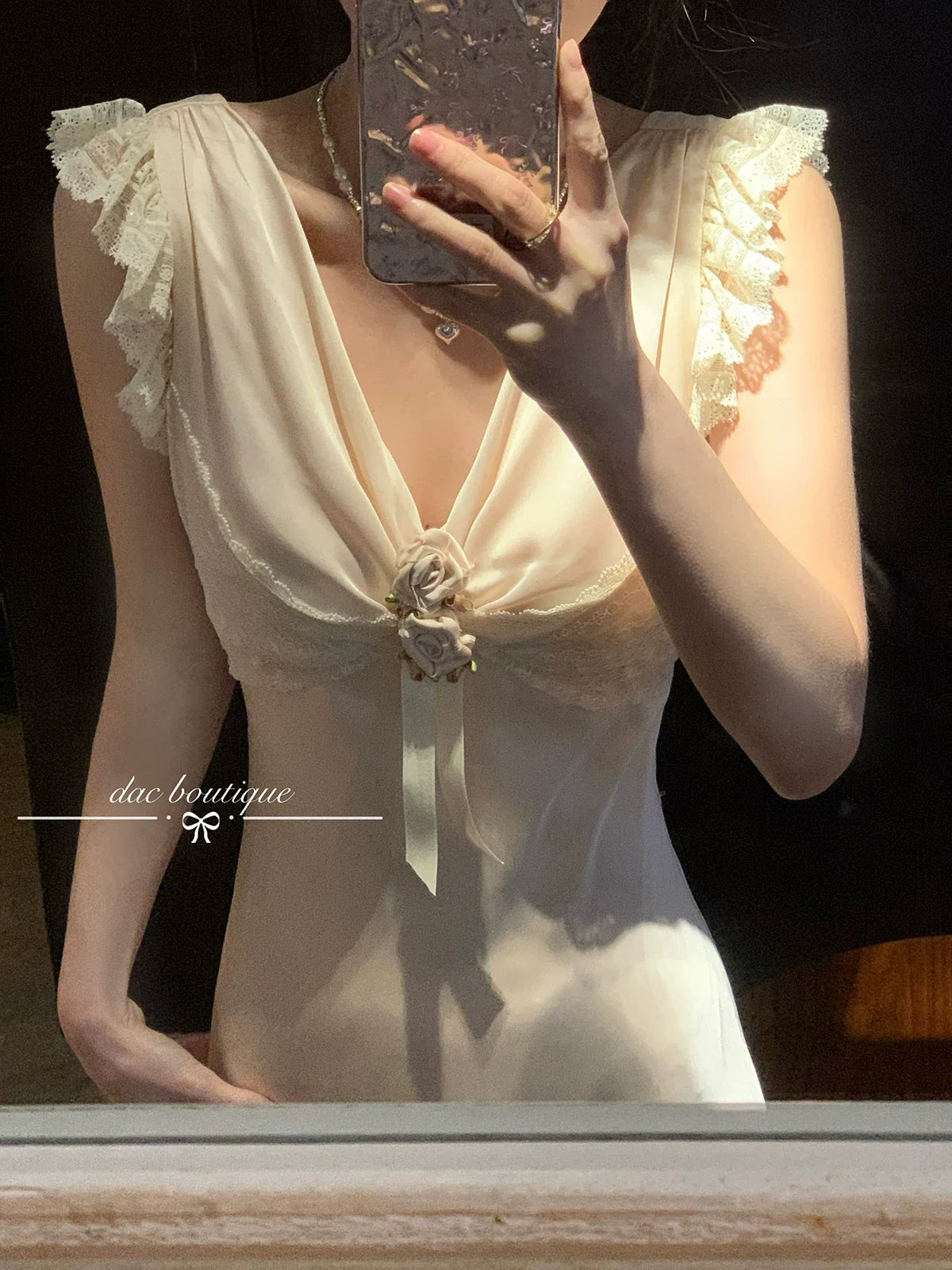Deep V-Neck Lace Trim Rosette Satin Dress