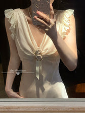 Deep V-Neck Lace Trim Rosette Satin Dress