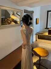 Deep V-Neck Lace Trim Rosette Satin Dress 5
