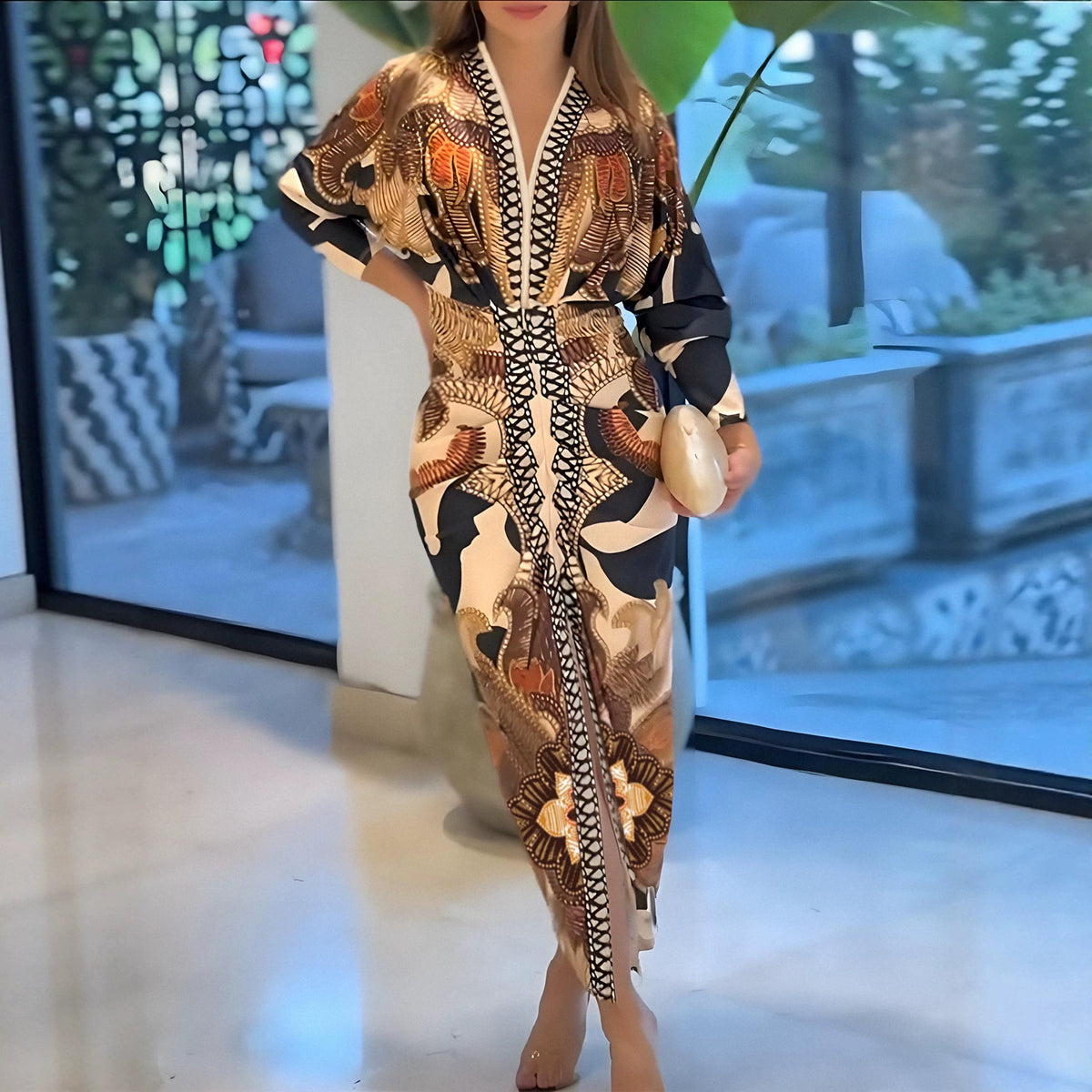 Paisley Print V-Neck Long Sleeve Front Slit Maxi Dress